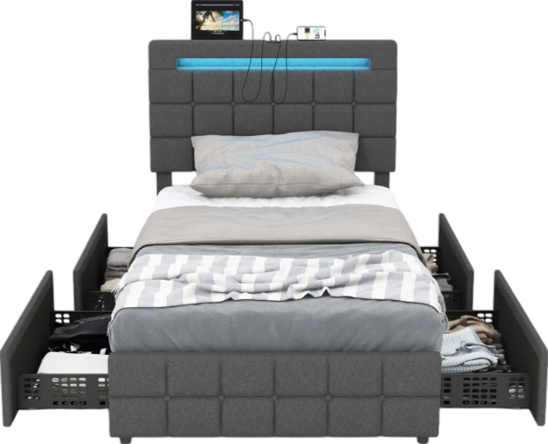 Costway Bed Frame with Upholstered Headboard LED Light Strip Storage Drawers and USB Ports New