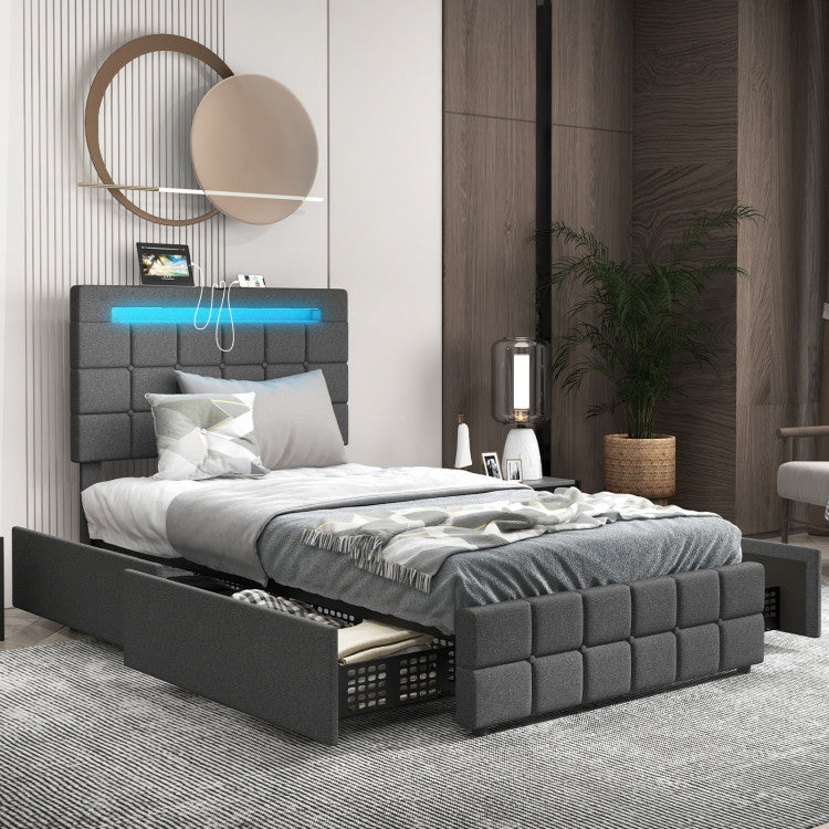 Costway Bed Frame with Upholstered Headboard LED Light Strip Storage Drawers and USB Ports New