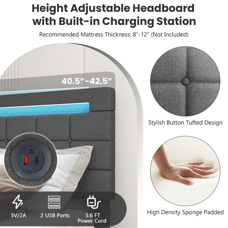 Costway Bed Frame with Upholstered Headboard LED Light Strip Storage Drawers and USB Ports New