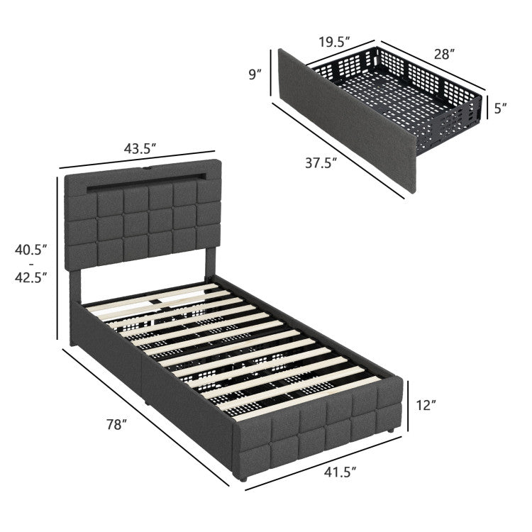 Costway Bed Frame with Upholstered Headboard LED Light Strip Storage Drawers and USB Ports New