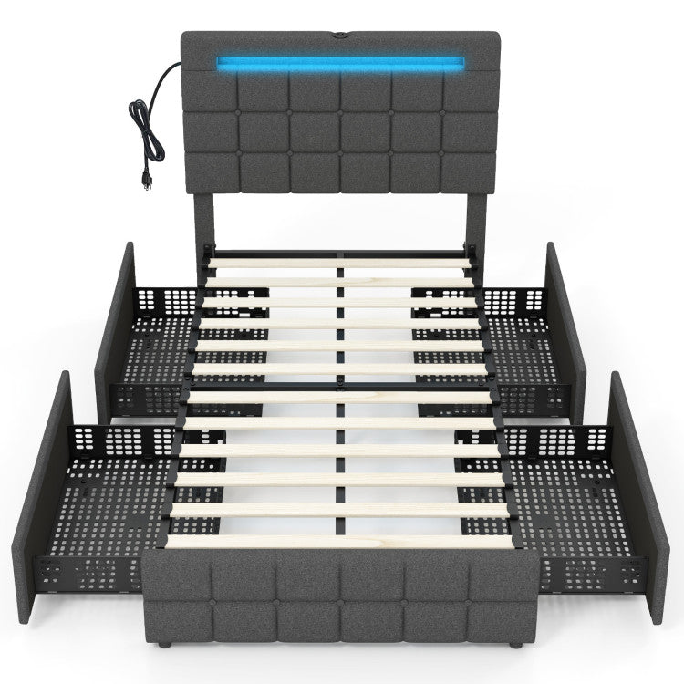 Costway Bed Frame with Upholstered Headboard LED Light Strip Storage Drawers and USB Ports New