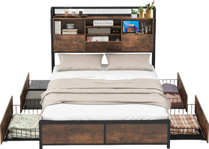 Costway Bed Frame with Bookcase Headboard Charging Station and Storage Drawers New