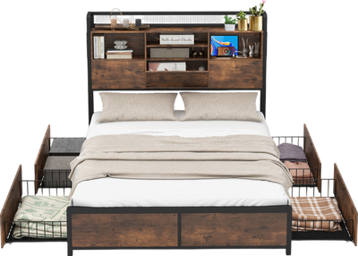 Costway Bed Frame with Bookcase Headboard Charging Station and Storage Drawers New