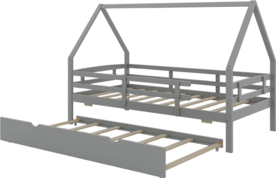 Costway Bed Frame Twin Size House with Trundle Fence Rail and Roof Design New