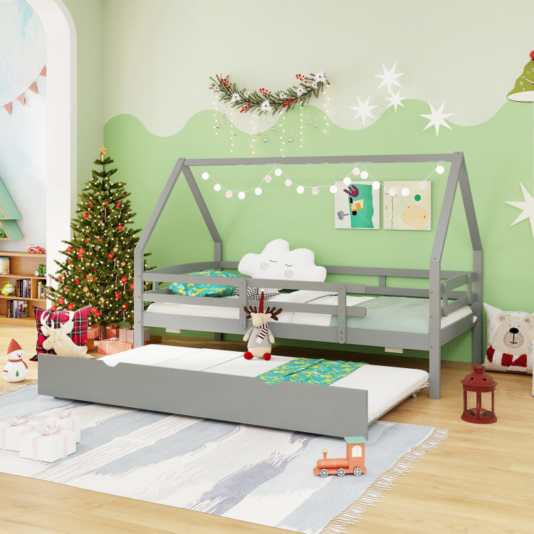 Costway Bed Frame Twin Size House with Trundle Fence Rail and Roof Design New
