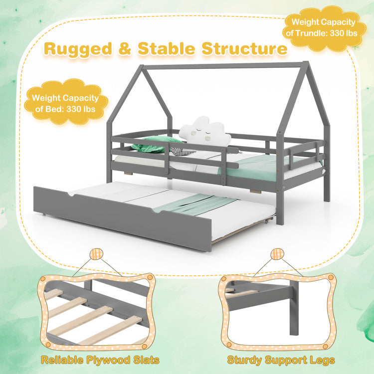 Costway Bed Frame Twin Size House with Trundle Fence Rail and Roof Design New