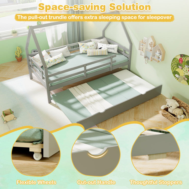 Costway Bed Frame Twin Size House with Trundle Fence Rail and Roof Design New