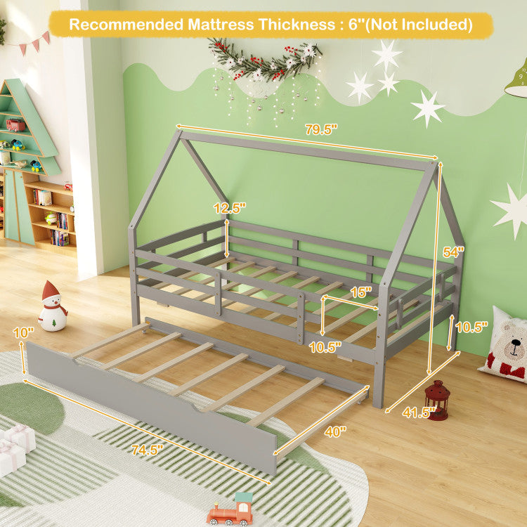 Costway Bed Frame Twin Size House with Trundle Fence Rail and Roof Design New