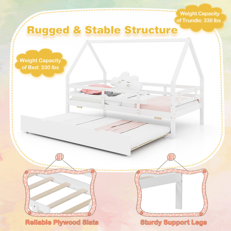 Costway Bed Frame Twin Size House with Trundle Fence Rail and Roof Design New