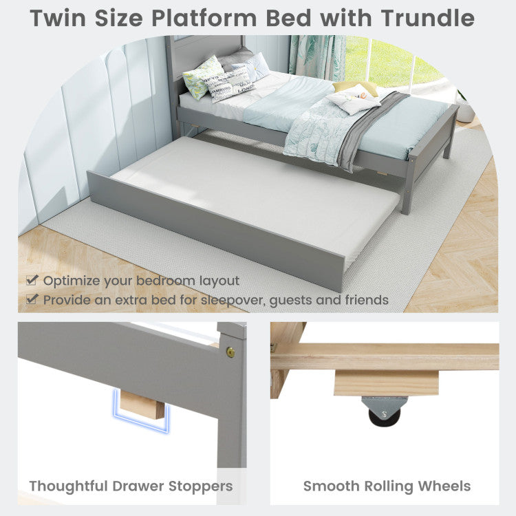 Costway Wooden Bed Frame Twin Size with Trundle 200 Lbs Capacity for Teens and Adults New