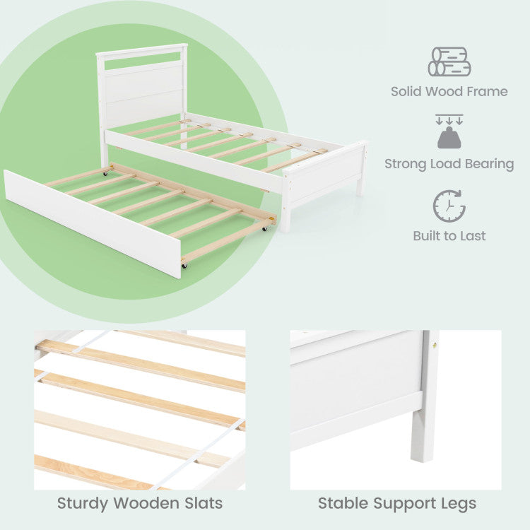 Costway Wooden Bed Frame Twin Size with Trundle 200 Lbs Capacity for Teens and Adults New