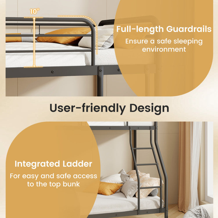 Costway Bed Frame Twin Over Full Metal Bunk with Ladder and Safety Guardrails New