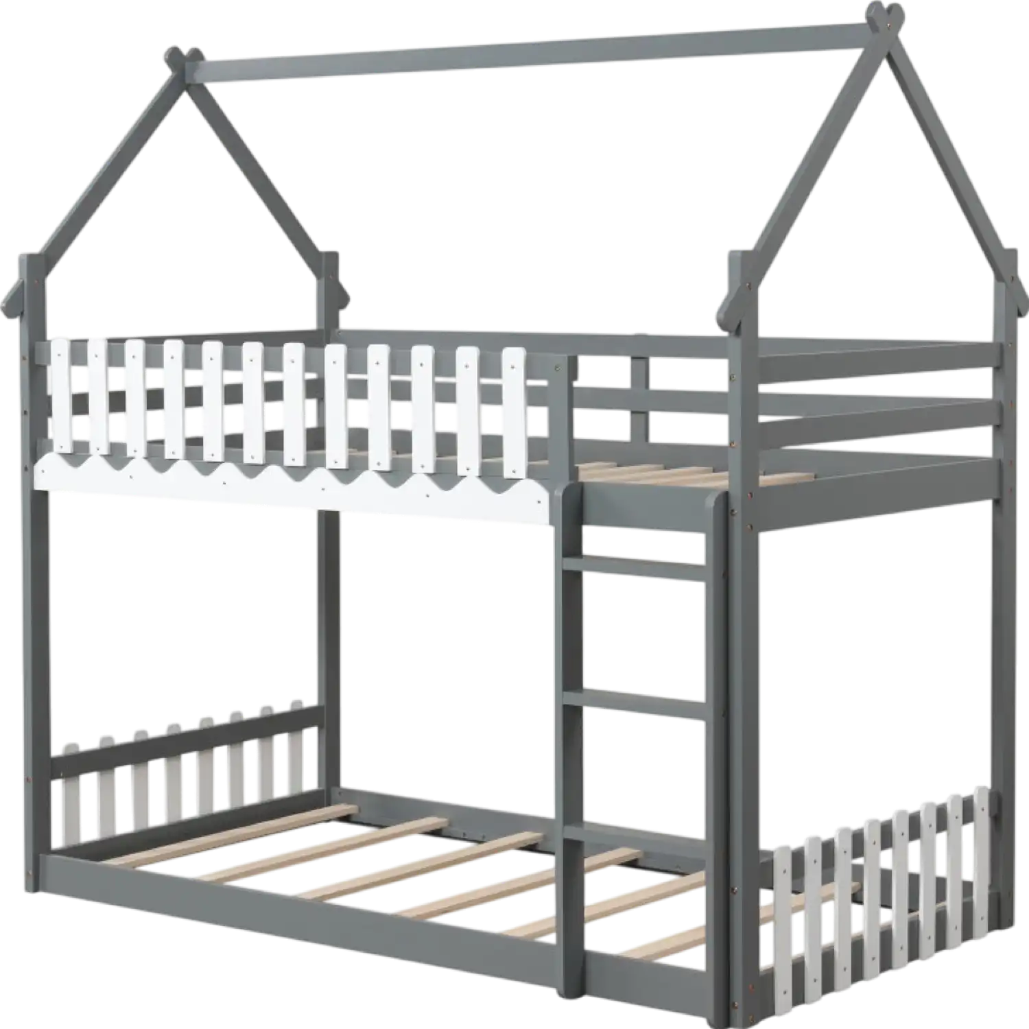 Costway Bed Frame Twin Over Twin Bunk with House Roof Fence and Ladder New