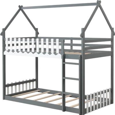Costway Bed Frame Twin Over Twin Bunk with House Roof Fence and Ladder New