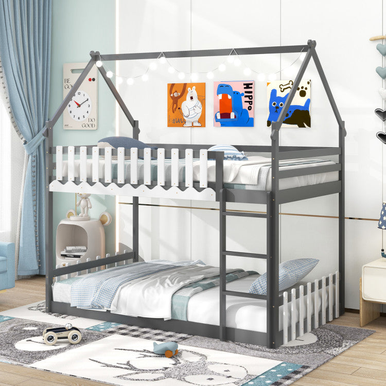 Costway Bed Frame Twin Over Twin Bunk with House Roof Fence and Ladder New