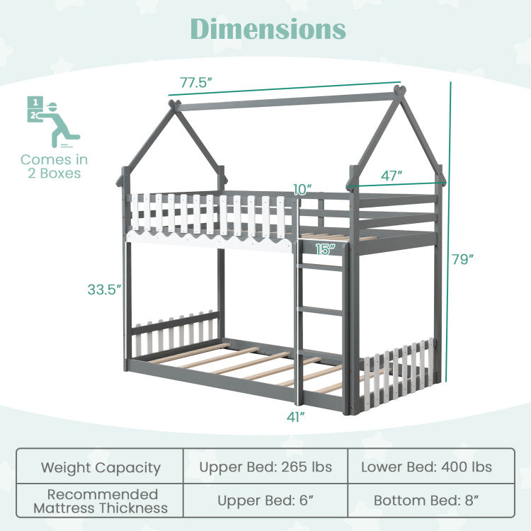 Costway Bed Frame Twin Over Twin Bunk with House Roof Fence and Ladder New