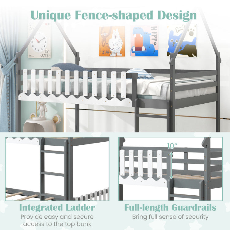 Costway Bed Frame Twin Over Twin Bunk with House Roof Fence and Ladder New