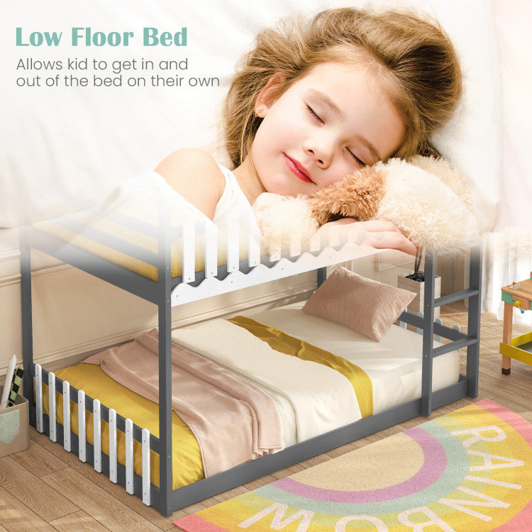 Costway Bed Frame Twin Over Twin Bunk with House Roof Fence and Ladder New