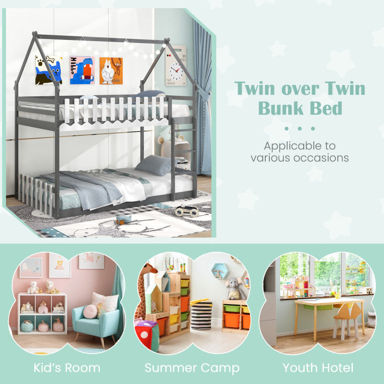 Costway Bed Frame Twin Over Twin Bunk with House Roof Fence and Ladder New