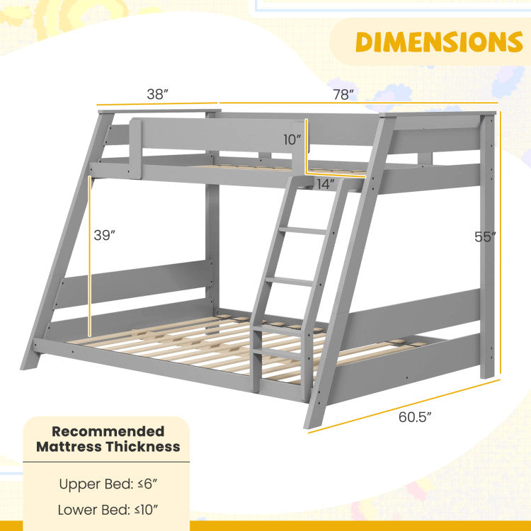 Costway Bed Frame Twin Over Full Low Bunk Convertible with Guardrails and Reversible Ladder New
