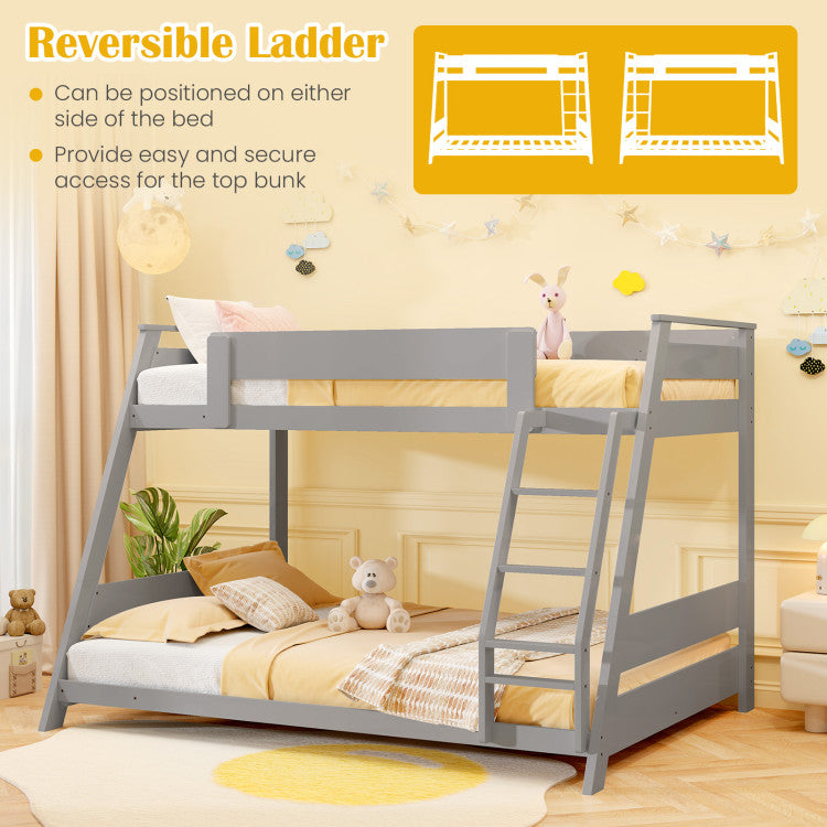 Costway Bed Frame Twin Over Full Low Bunk Convertible with Guardrails and Reversible Ladder New