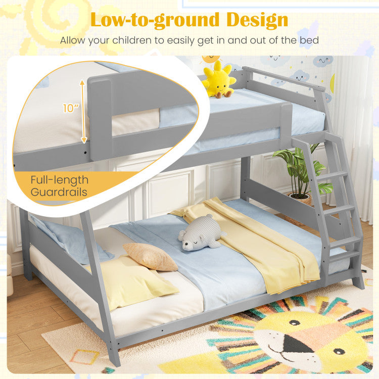 Costway Bed Frame Twin Over Full Low Bunk Convertible with Guardrails and Reversible Ladder New