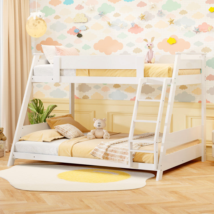 Costway Bed Frame Twin Over Full Low Bunk Convertible with Guardrails and Reversible Ladder New