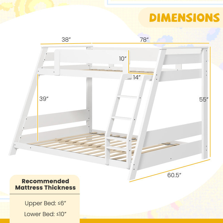 Costway Bed Frame Twin Over Full Low Bunk Convertible with Guardrails and Reversible Ladder New