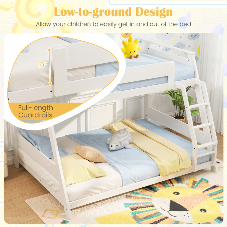 Costway Bed Frame Twin Over Full Low Bunk Convertible with Guardrails and Reversible Ladder New