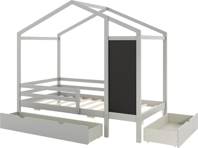 Costway Bed Frame Kids Twin Size Solid Wood House Frame with 2 Drawers and Blackboard New