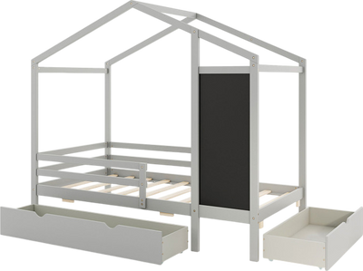 Costway Bed Frame Kids Twin Size Solid Wood House Frame with 2 Drawers and Blackboard New