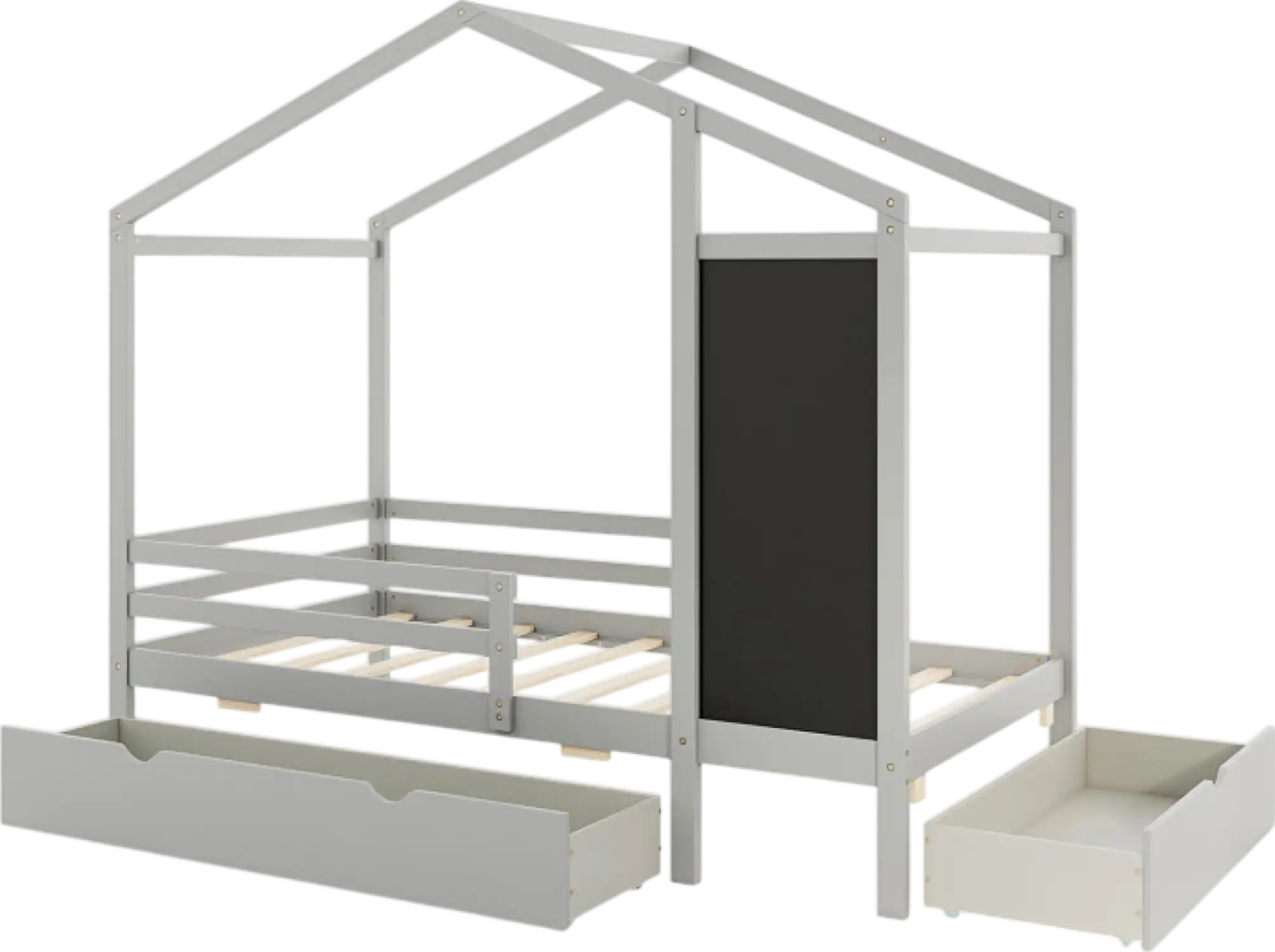 Costway Bed Frame Kids Twin Size Solid Wood House Frame with 2 Drawers and Blackboard New