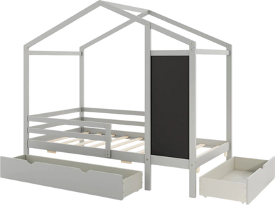 Costway Bed Frame Kids Twin Size Solid Wood House Frame with 2 Drawers and Blackboard New