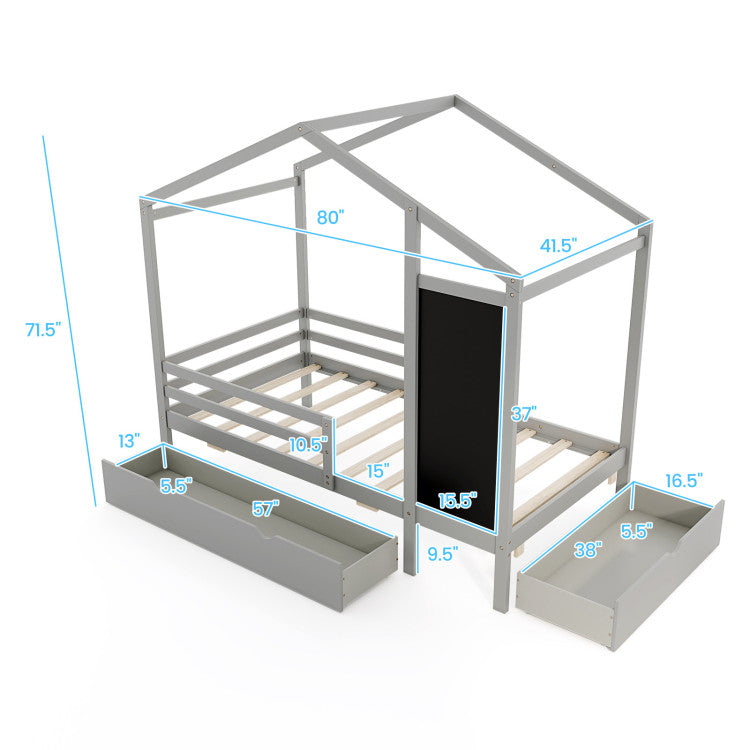 Costway Bed Frame Kids Twin Size Solid Wood House Frame with 2 Drawers and Blackboard New
