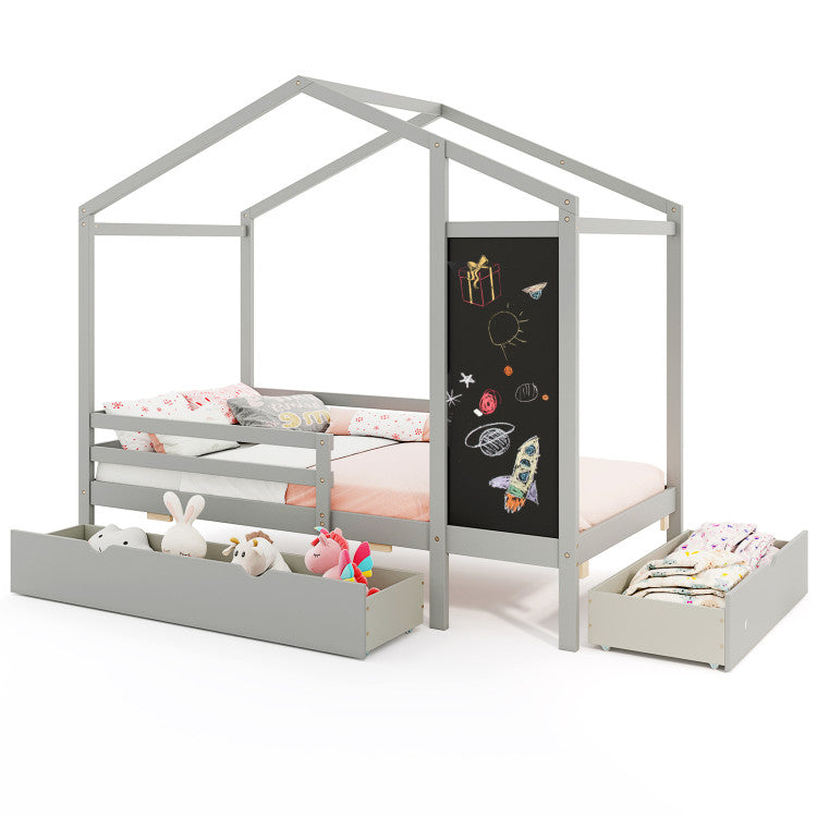 Costway Bed Frame Kids Twin Size Solid Wood House Frame with 2 Drawers and Blackboard New