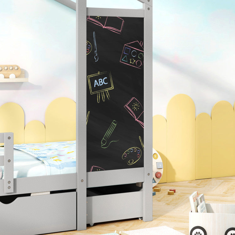 Costway Bed Frame Kids Twin Size Solid Wood House Frame with 2 Drawers and Blackboard New