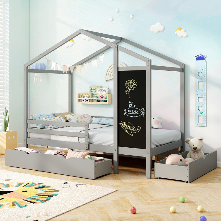 Costway Bed Frame Kids Twin Size Solid Wood House Frame with 2 Drawers and Blackboard New