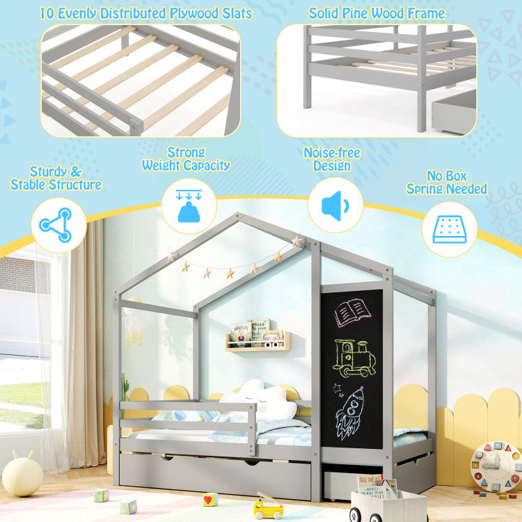 Costway Bed Frame Kids Twin Size Solid Wood House Frame with 2 Drawers and Blackboard New