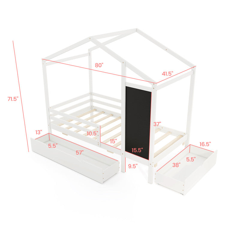 Costway Bed Frame Kids Twin Size Solid Wood House Frame with 2 Drawers and Blackboard New