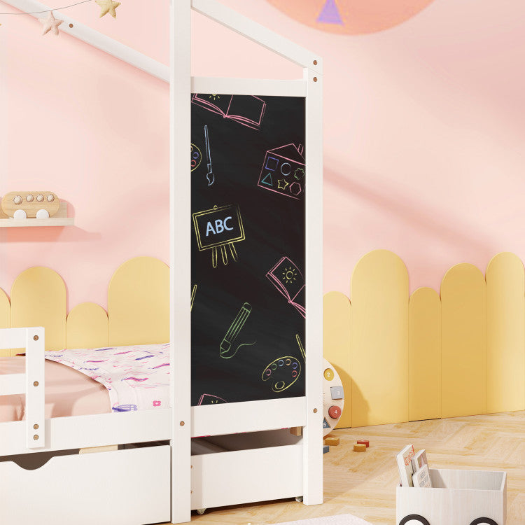 Costway Bed Frame Kids Twin Size Solid Wood House Frame with 2 Drawers and Blackboard New