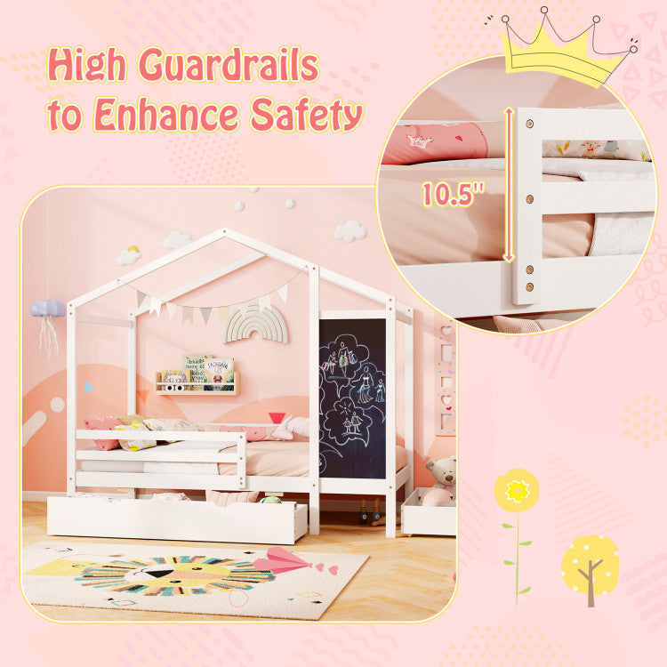 Costway Bed Frame Kids Twin Size Solid Wood House Frame with 2 Drawers and Blackboard New