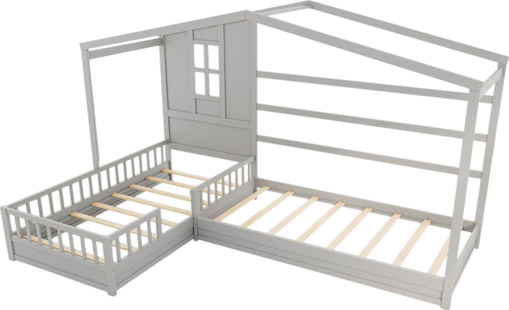 Costway Bed Frame L-Shaped Double Twin Platform with House Frame and Guardrails New