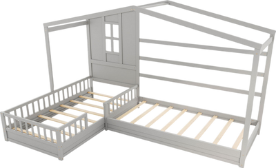 Costway Bed Frame L-Shaped Double Twin Platform with House Frame and Guardrails New