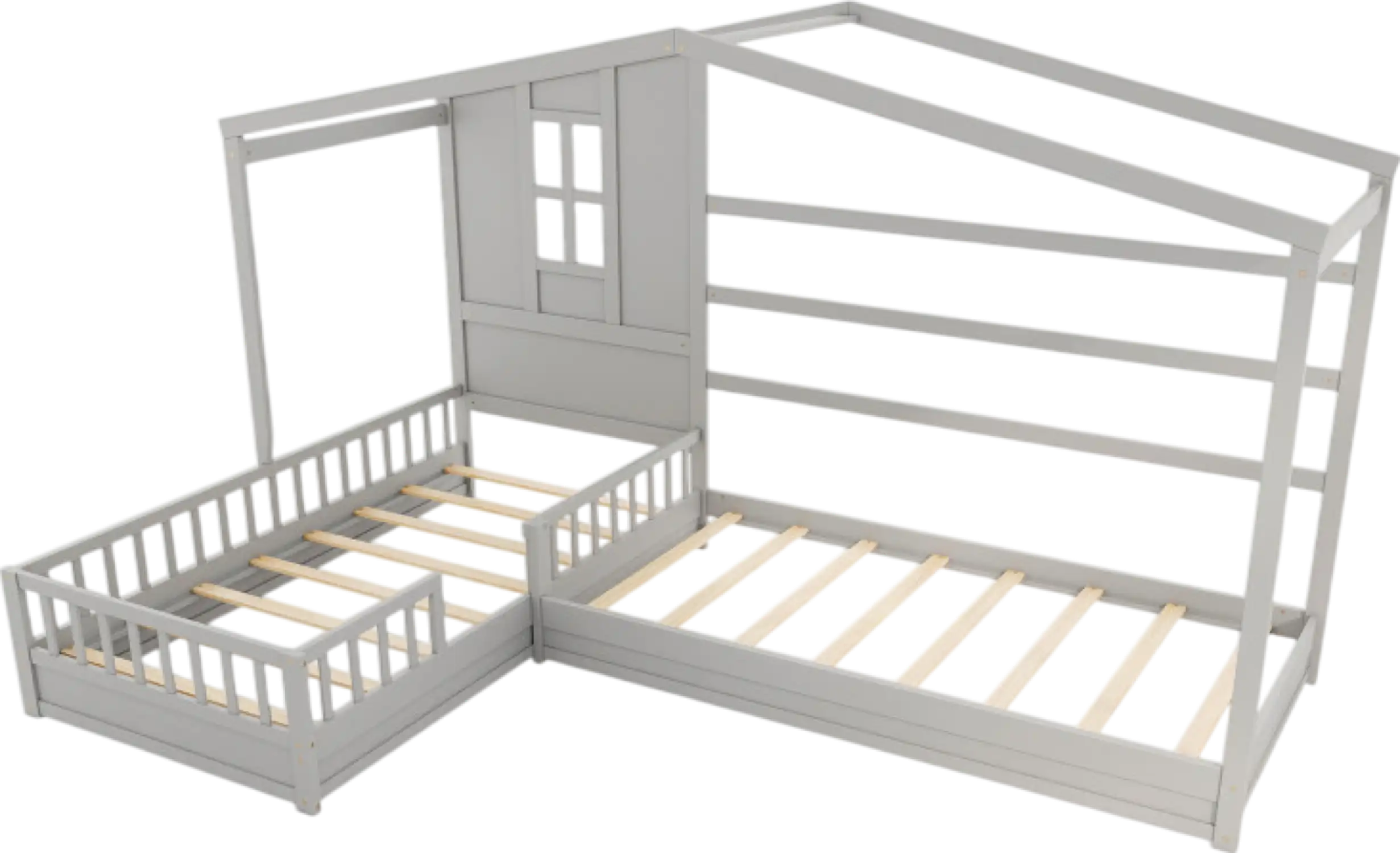Costway Bed Frame L-Shaped Double Twin Platform with House Frame and Guardrails New