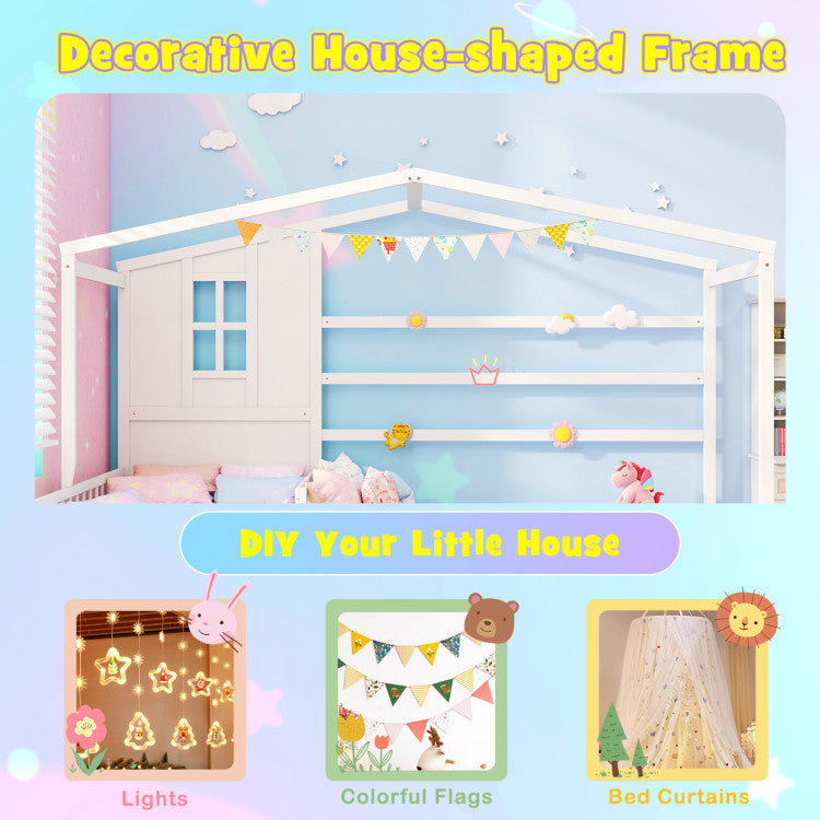 Costway Bed Frame L-Shaped Double Twin Platform with House Frame and Guardrails New