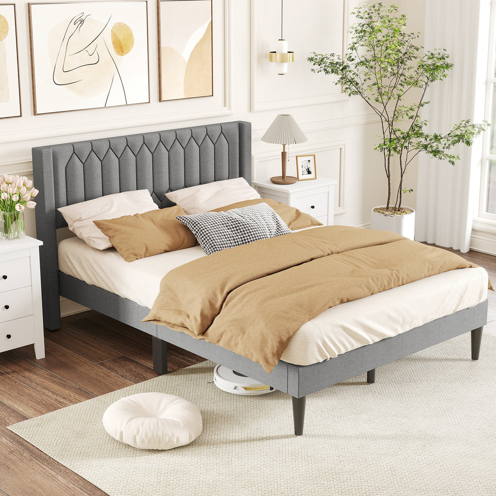 Queen size gray upholstered platform bed with wingback headboard, featuring Dutch velvet fabric and wooden slat support.
