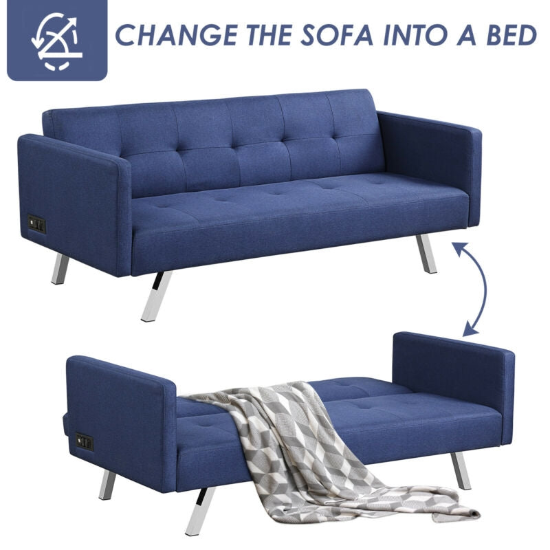 Costway Convertible Futon Sofa 3 Seat Linen With USB And Powerstrip Blue New