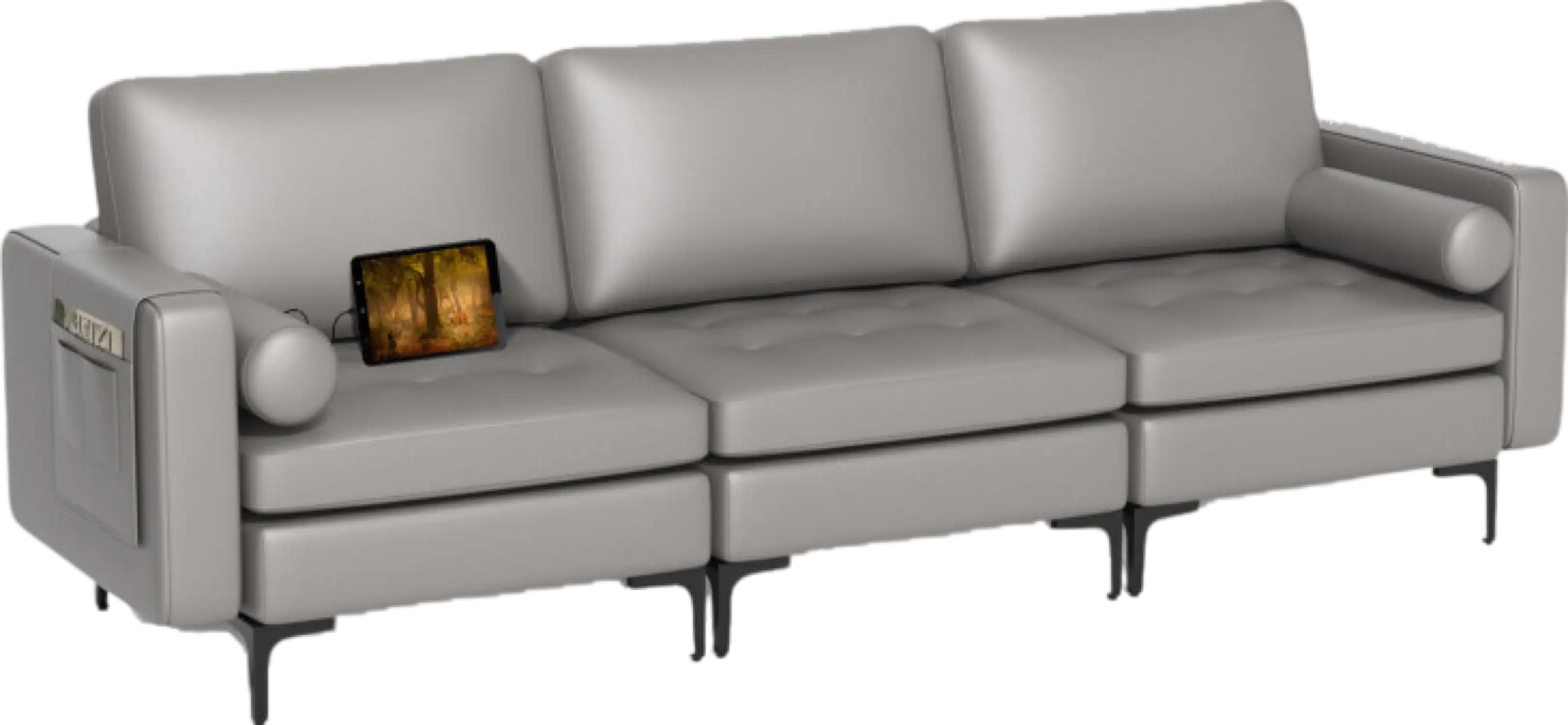 Costway Sofa 3-Seat Sectional with Side Storage Pockets Metal Legs and USB Ports New