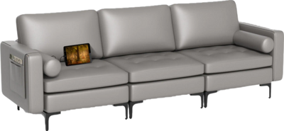 Costway Sofa 3-Seat Sectional with Side Storage Pockets Metal Legs and USB Ports New