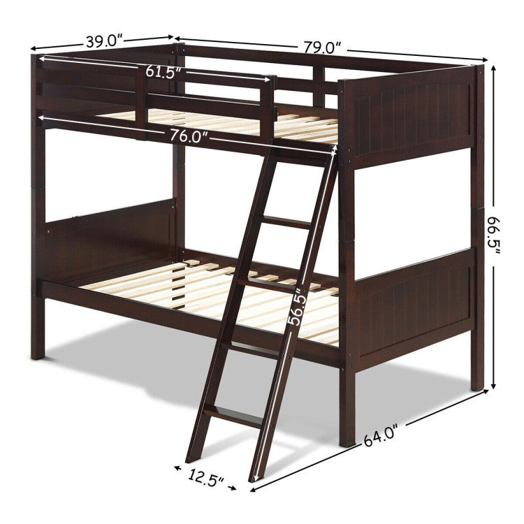 Costway Bed Frame Twin Wooden Bunk Bed with Safety Rail and Ladder New